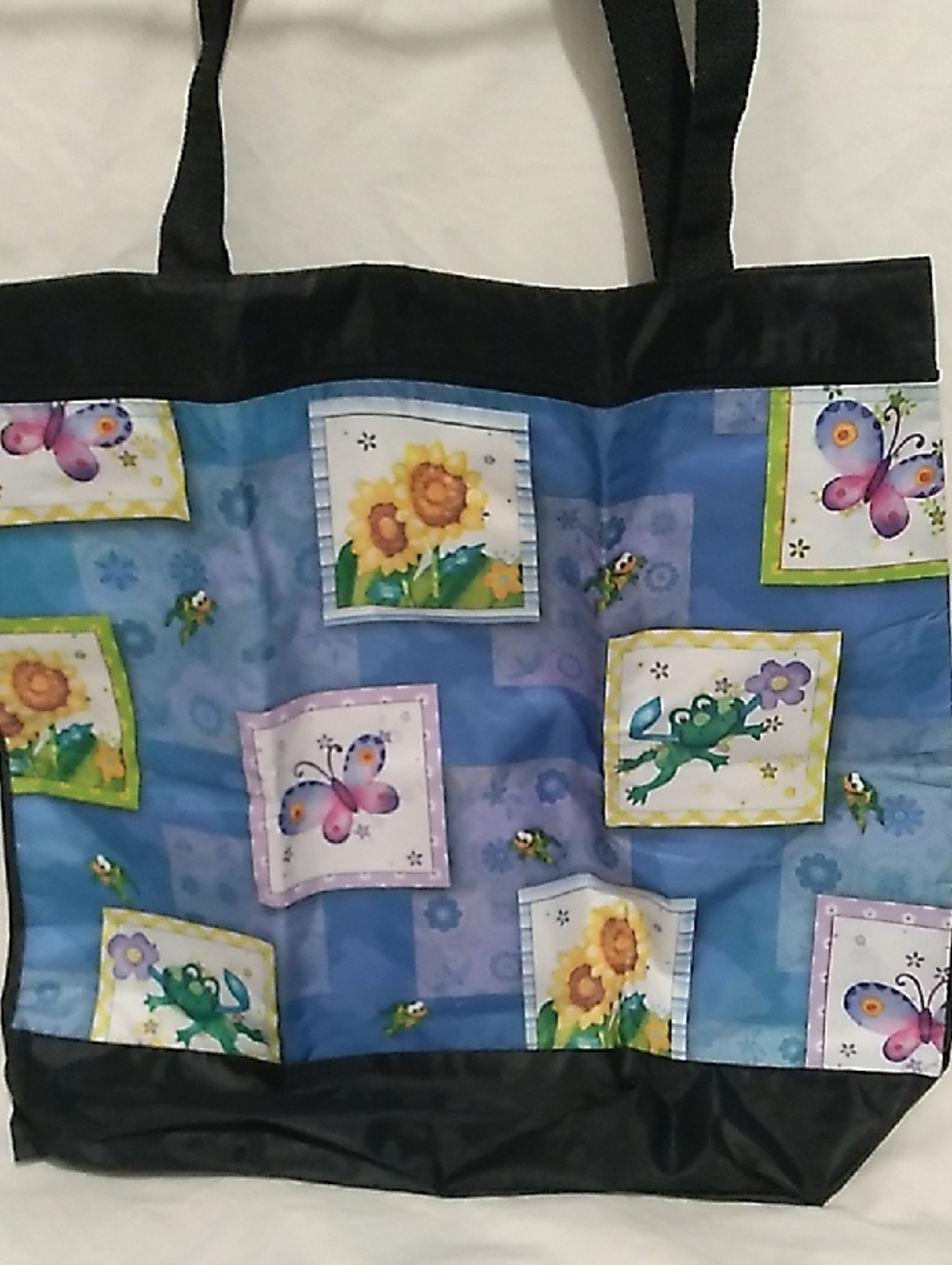 Blue Floral & Butterfly Pattern Tote Bag With Front Zipper Pocket (L1)